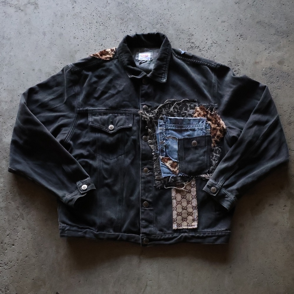 Vintage Arizona Jean Co Reworked Patchwork Leopard Denim Jacket Size Large Black